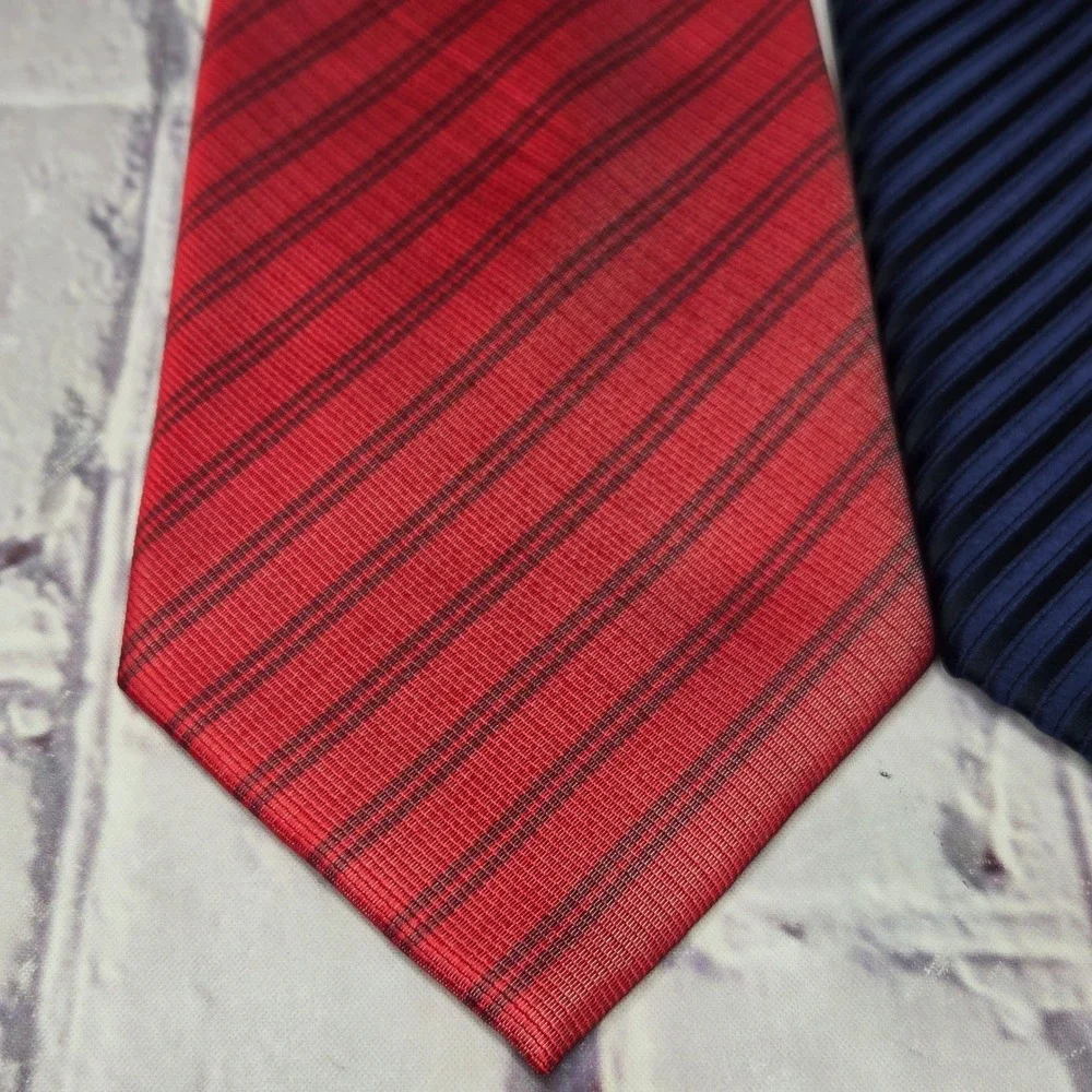 Lot of 2 Hugo Boss Neckties Red Navy Blue Striped Silk Business Formal Set Mens